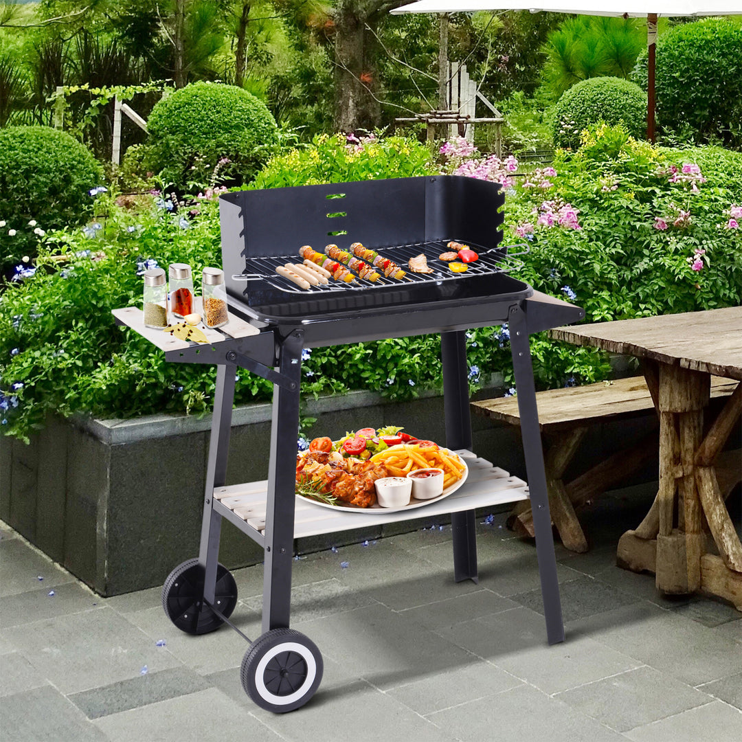 BBQ Grill Trolley Charcoal BBQ Barbecue Grill Outdoor Patio Garden Heating Smoker with Side Trays Storage Shelf and Wheels