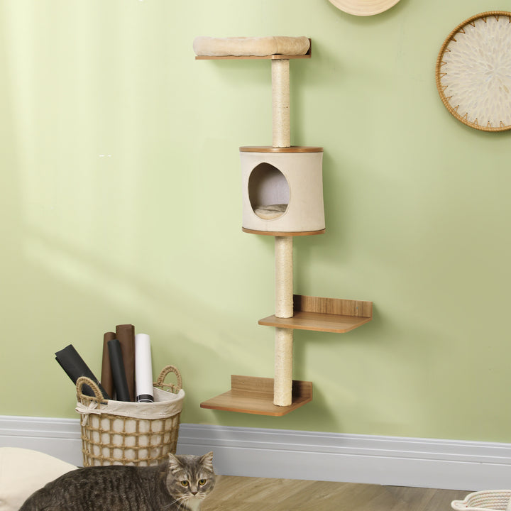 PawHut Cat Tree for Indoor Cats Wall-Mounted Cat Shelf Shelter Kitten Perch Climber Furniture w/ Condo Bed Scratching Post – Beige