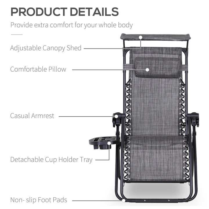 Zero Gravity Garden Deck Folding Chair Patio Sun Lounger Reclining Seat with Cup Holder & Canopy Shade - Grey