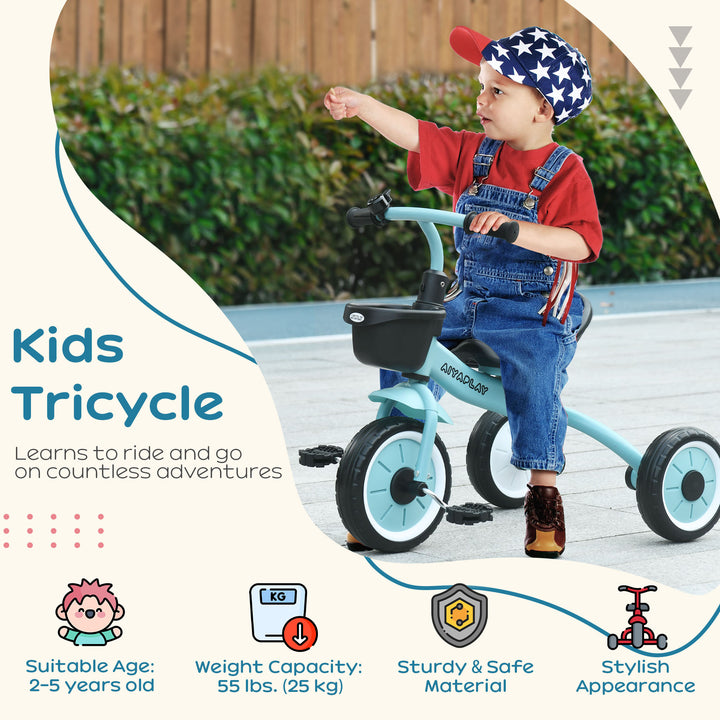 Kids Trike, Tricycle, with Adjustable Seat, Basket, Bell, for Ages 2-5 Years - Blue