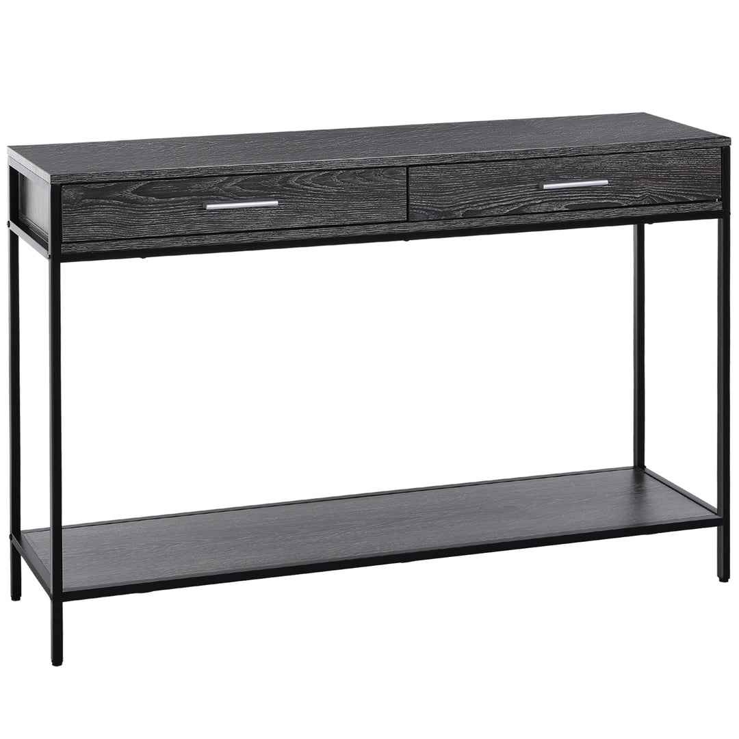 Console Table Worktop Bottom Shelf Home Two Drawer Industrial Minimal Style Grey Wood Tone Effect