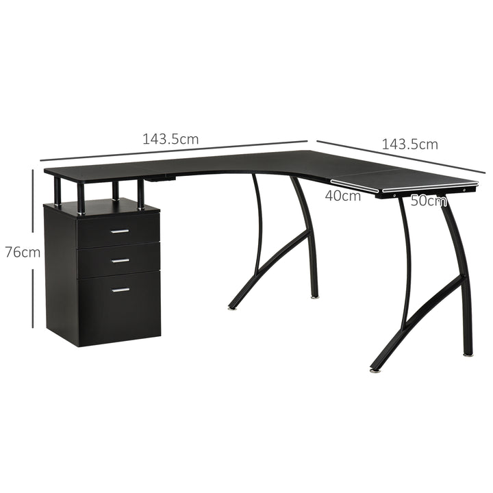 HOMCOM L-Shaped Computer Desk Table with Storage Drawer Home Office Corner Industrial Style Workstation, Black