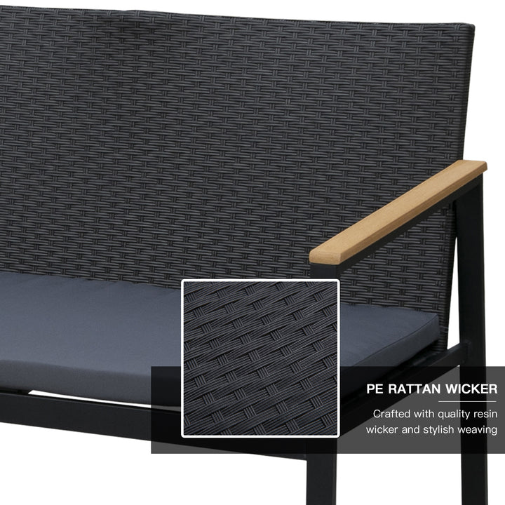4PC Rattan Garden Furniture Set 2 Single Sofa Arm Chairs 1 Bench Loveseat with Cushions & Coffee Table Patio Backyard Wicker Weave