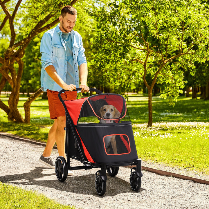 PawHut Pet Stroller with Universal Front Wheels, Shock Absorber, One Click Foldable Dog Cat Carriage with Brakes, Storage Bags, Mesh Window Red