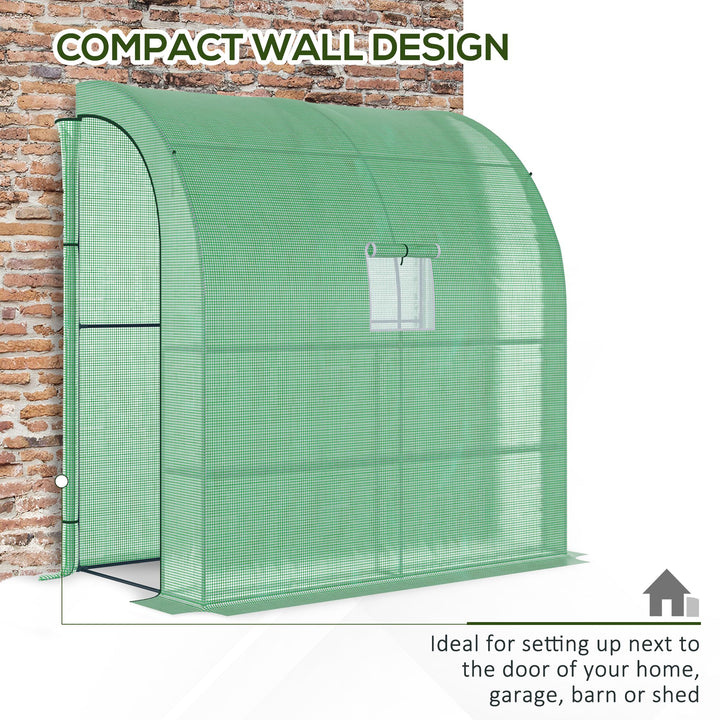 Outsunny Lean to Greenhouses with Windows and Doors 2 Tiers 4 Wired Shelves 200L x 100W x 215Hcm Green