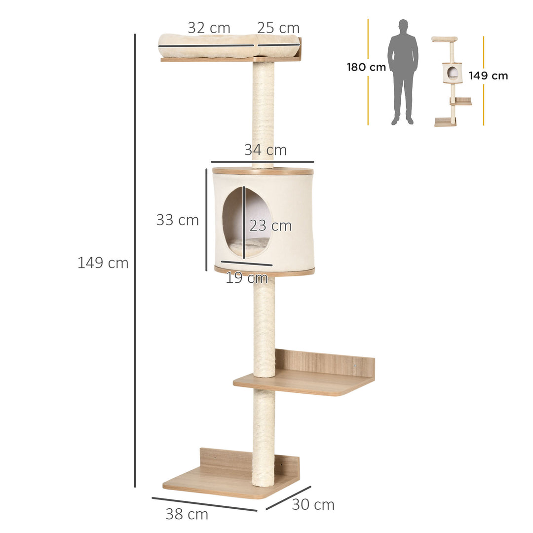 PawHut Cat Tree Cat Shelf Wall-Mounted Shelter Kitten Perch Climber Cat Furniture with Condo Bed Scratching Post 38 x 30 x 149cm Light Brown