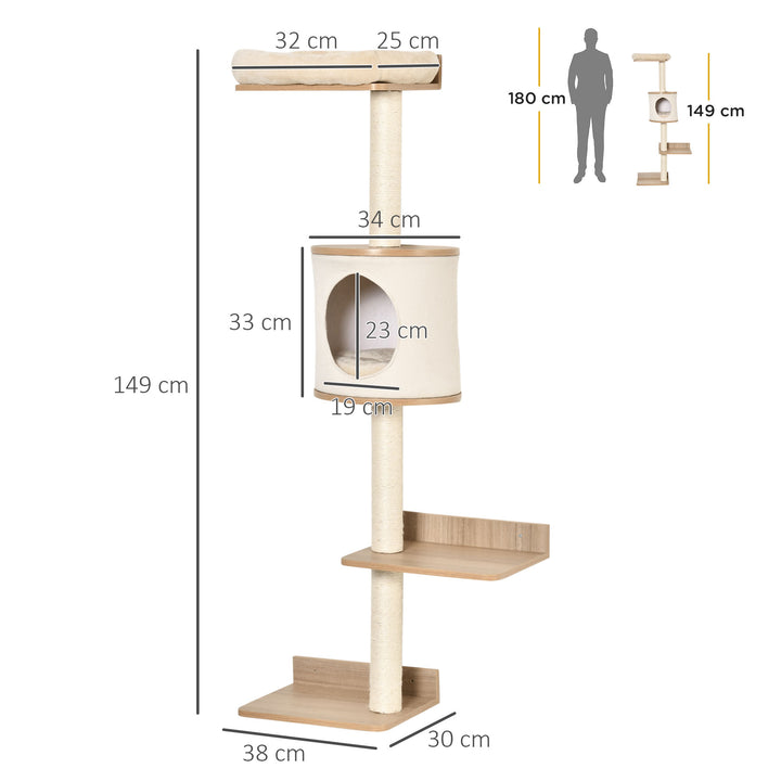 PawHut Cat Tree Cat Shelf Wall-Mounted Shelter Kitten Perch Climber Cat Furniture with Condo Bed Scratching Post 38 x 30 x 149cm Light Brown
