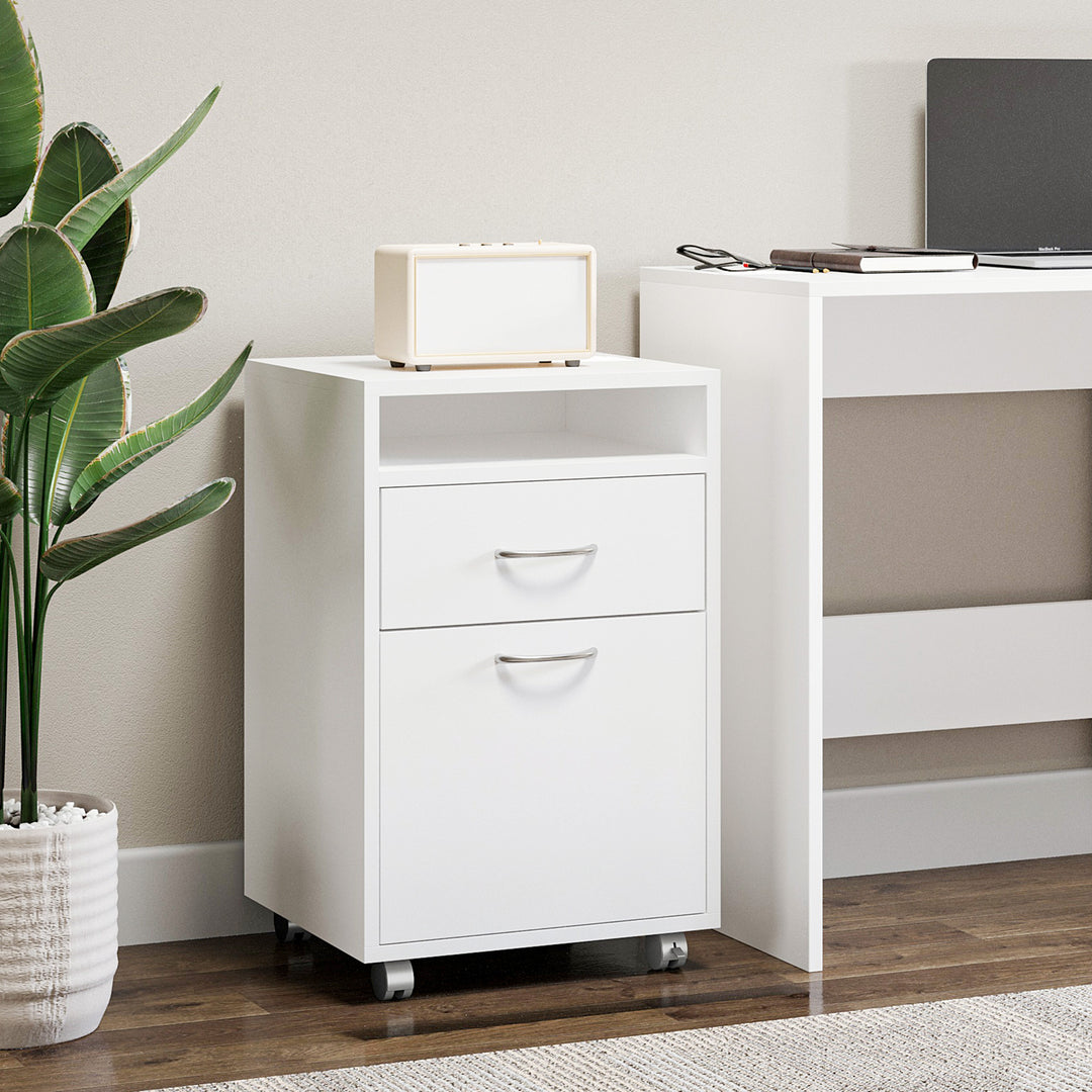 HOMCOM 60cm Storage Cabinet w/ Drawer Open Shelf Metal Handles 4 Wheels Office Home Organiser Mobile Printer White