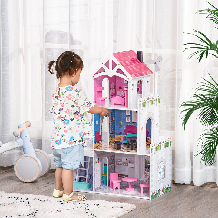 Kids Dollhouse Dreamhouse Villa for Toddler Girls Multi-level House for Children with Furniture Accessories Kit Pink