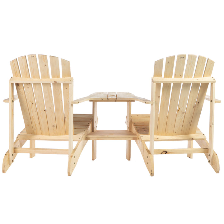 Wooden Outdoor Double Adirondack Chairs Loveseat w/ Center Table and Umbrella Hole, Garden Patio Furniture for Lounging and Relaxing, Natural