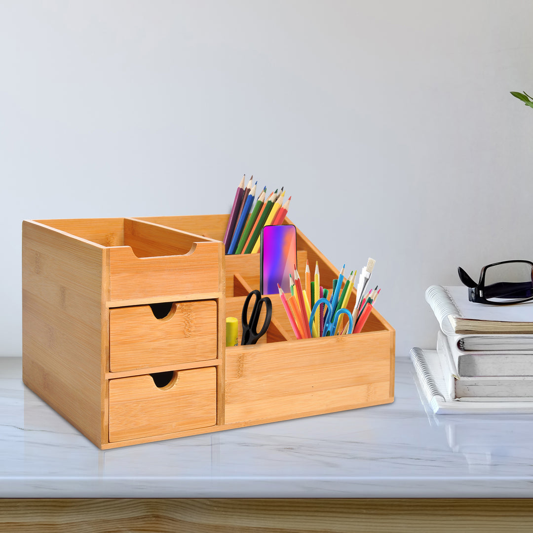 Organiser Holder Multi-Function Storage Caddy Drawers Home Office Stationary Supplies 7 Storage Compartments and 2 Drawers  Natural Wood