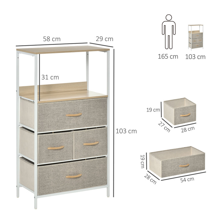 HOMCOM Chest of Drawers Bedroom Unit Storage Cabinet with 4 Fabric Bins for Living Room, Bedroom and Entryway, White