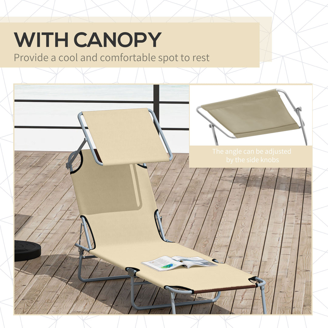 Reclining Chair Sun Lounger Folding Lounger Seat with Sun Shade Awning Beach Garden Outdoor Patio Recliner Adjustable (Beige)