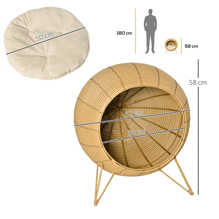 Wicker Cat Bed Elevated Rattan Kitten Basket Pet Den. House Cozy Cave with Soft Cushion Φ52 x 58cm Light Brown