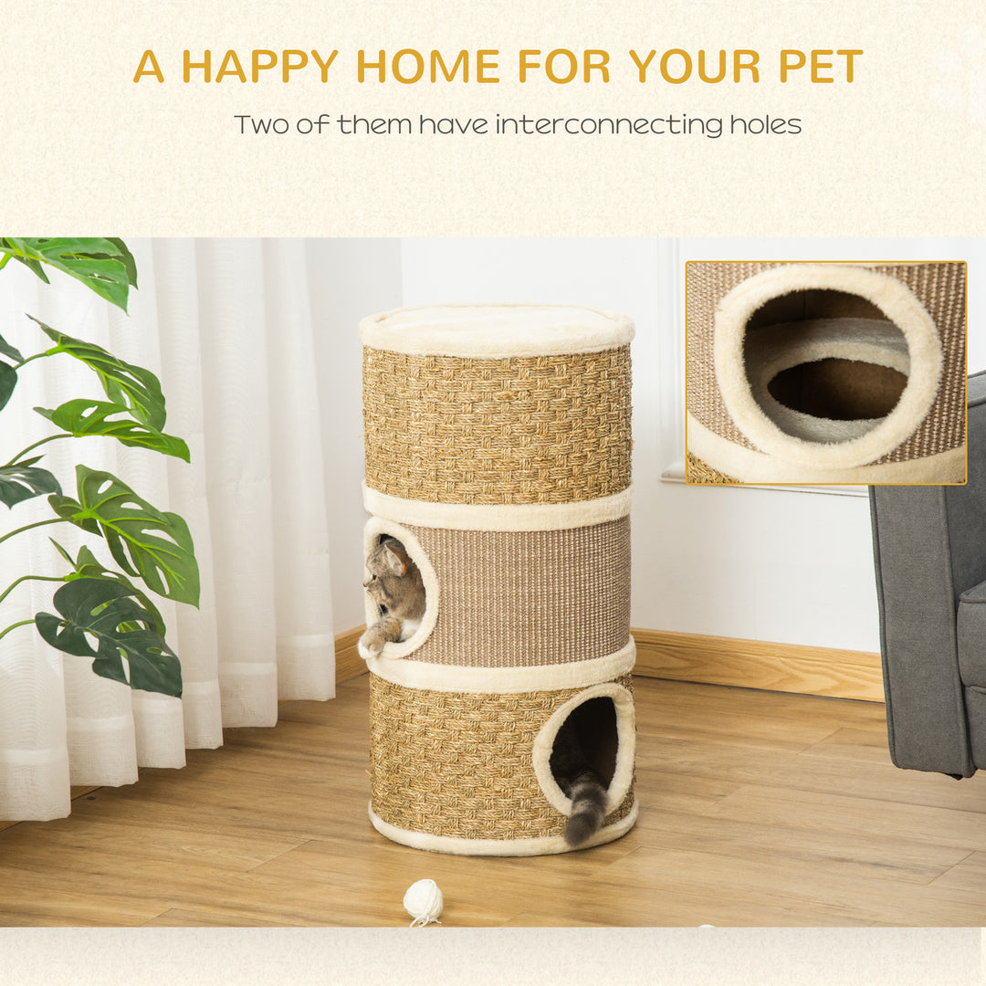 PawHut Cat Scratching Barrel Kitten Tree Tower Pet Furniture Climbing Frame Covered with Sisal and Seaweed Rope Cozy Platform Soft Plush