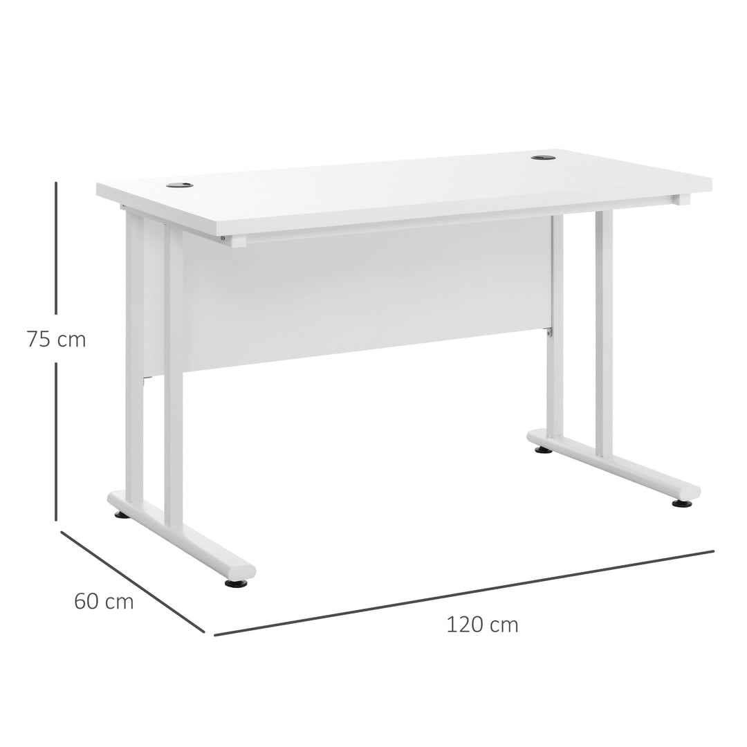 Computer Desk, Home Office Desk, Writing Table, 120x60x75cm Laptop Workstation with 2 Cable Management Holes, C Shaped Metal Legs, White