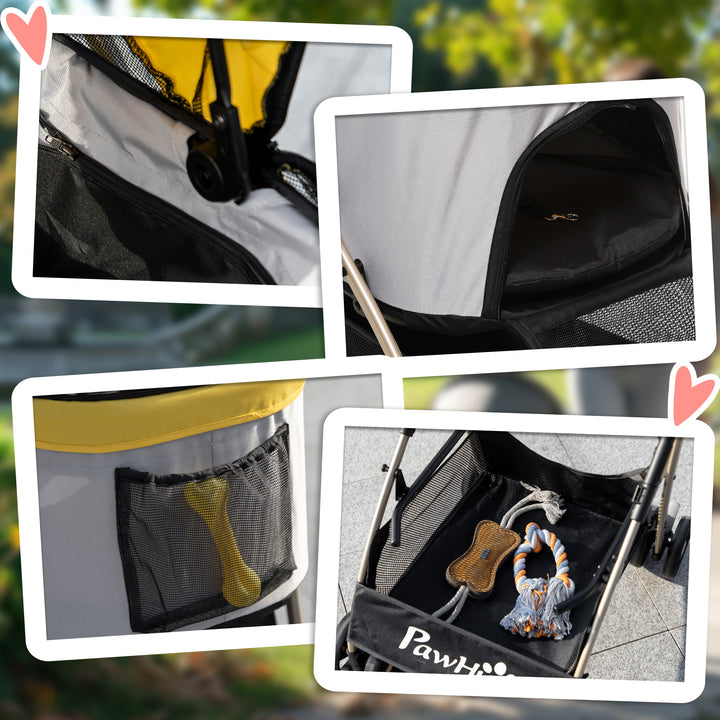 PawHut Detachable Dog Pushchair, 3-In-1 Dog Cat Travel Carriage, Foldable Carrying Bag with Universal Wheel Brake Canopy Basket Storage Bag, Yellow