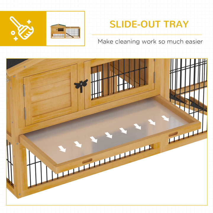 PawHut 2 Level Wooden Rabbit Bunny Guinea Pig Hutch w/ Outdoor Run Water Resistant Roof Pull out Tray Ramp 150 x 52.5 x 68 cm, Yellow