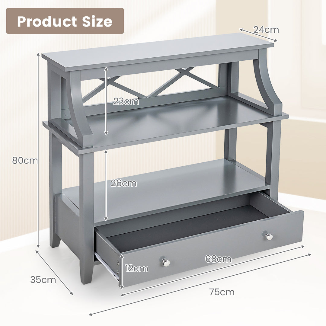 3-Tier X-Shaped Console Table with Drawer and Open Storage Shelves-Grey