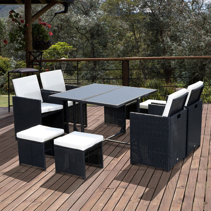 9PC Garden Rattan Dining Set Outdoor Patio Dining Table Set Weave Wicker 8 Seater Stool Black
