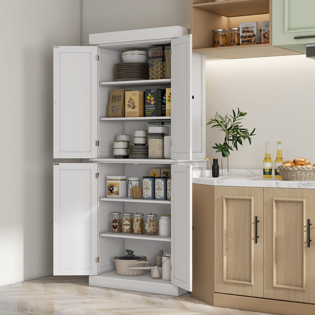 Freestanding Kitchen Cupboard with 4 Doors, Storage Cabinet with 6-Tier Shelving and 4 Adjustable Shelves, White