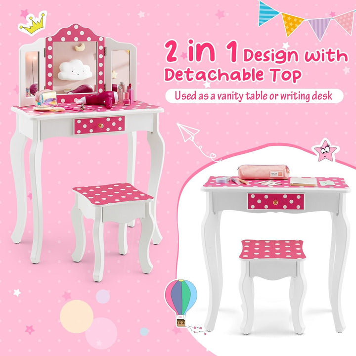 2 in 1 Kids Vanity Table and Stool Set for Girl Children-Pink Polka-dot Print