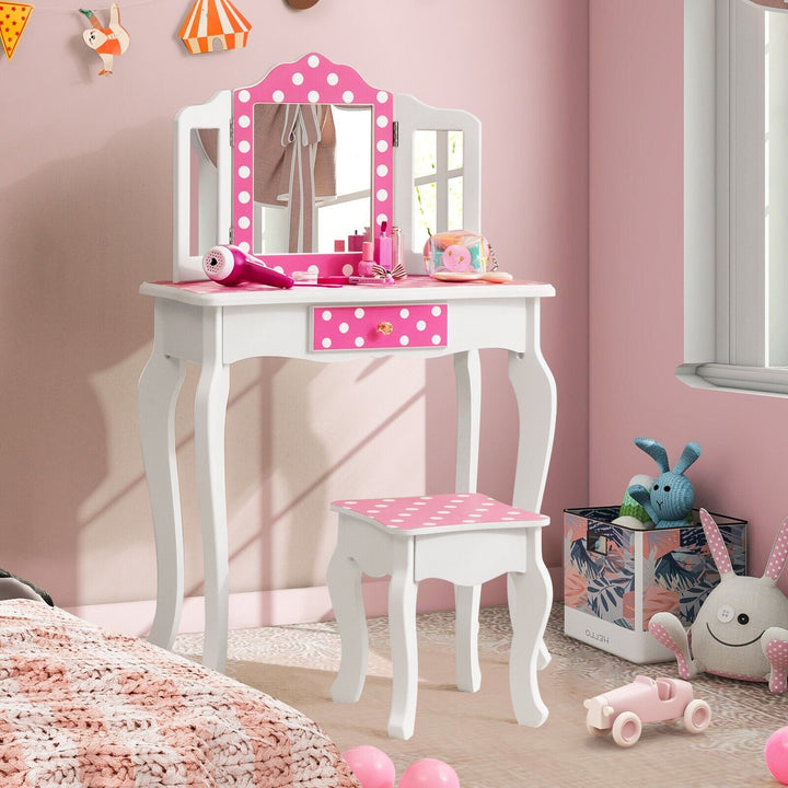 2 in 1 Kids Vanity Table and Stool Set for Girl Children-Pink Polka-dot Print