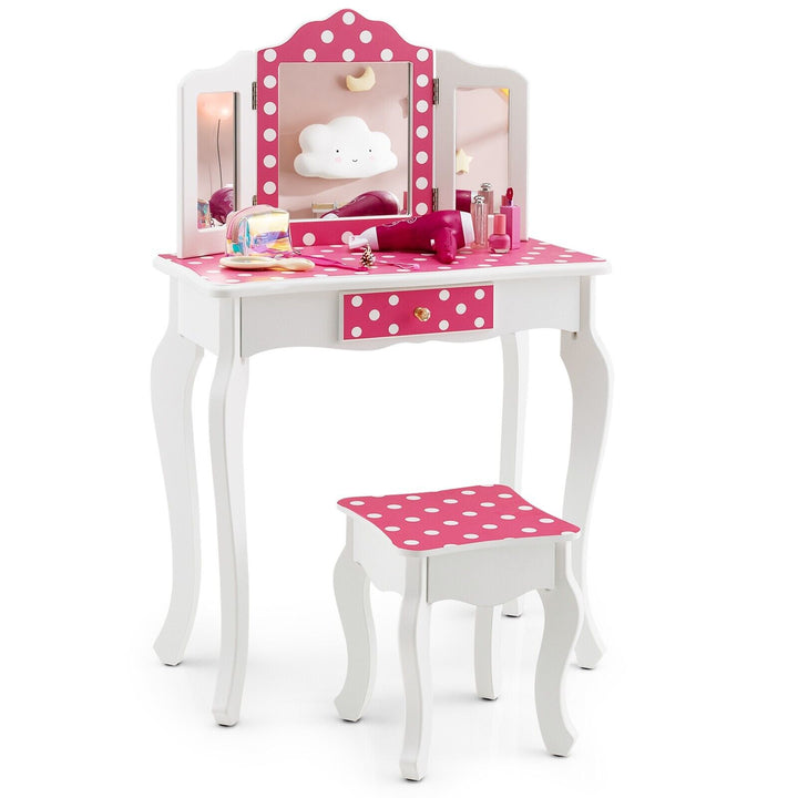 2 in 1 Kids Vanity Table and Stool Set for Girl Children-Pink Polka-dot Print