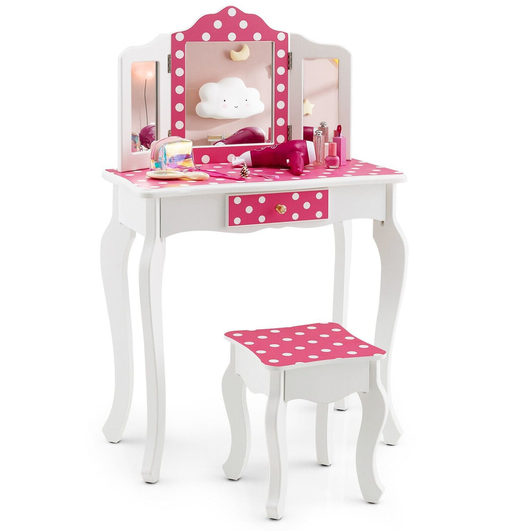 2 in 1 Kids Vanity Table and Stool Set for Girl Children-Pink Polka-dot Print
