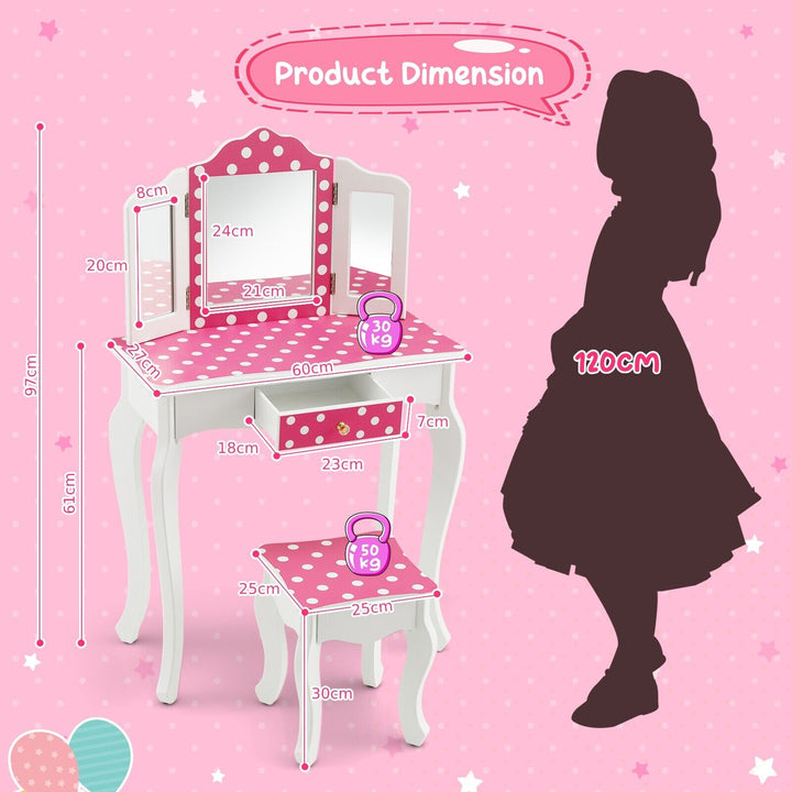 2 in 1 Kids Vanity Table and Stool Set for Girl Children-Pink Polka-dot Print