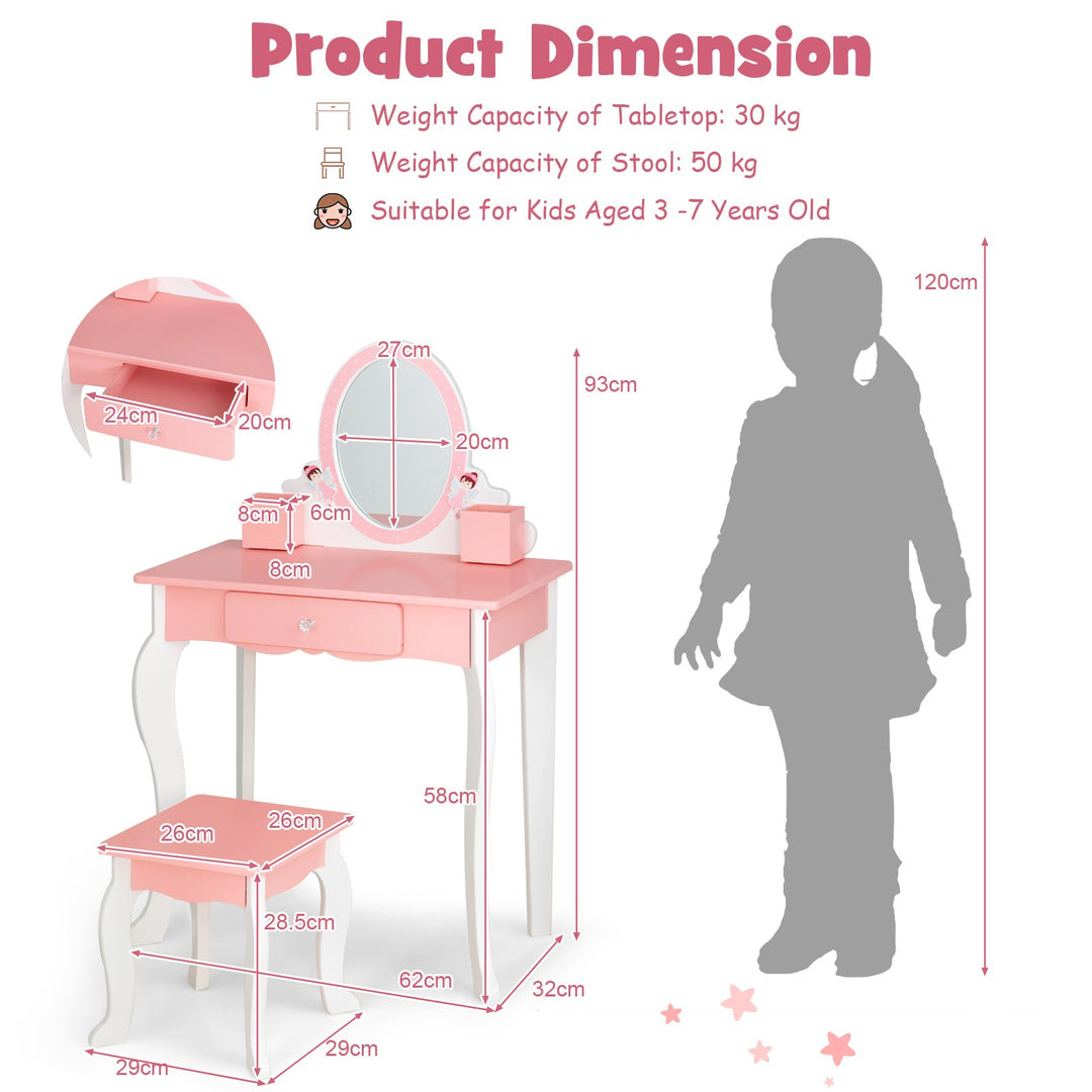 Kids Dressing Table and Stool Set with Mirror for Toddlers-Pink