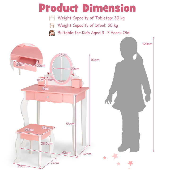 Kids Dressing Table and Stool Set with Mirror for Toddlers-Pink