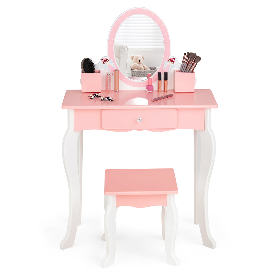 Kids Dressing Table and Stool Set with Mirror for Toddlers-Pink