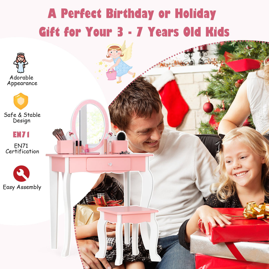 Kids Dressing Table and Stool Set with Mirror for Toddlers-Pink