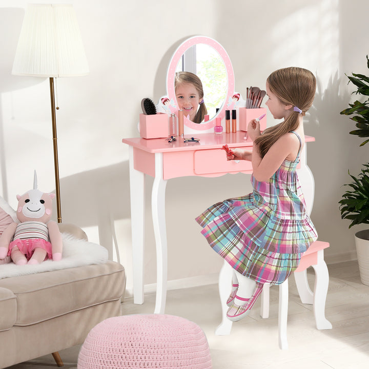 Kids Dressing Table and Stool Set with Mirror for Toddlers-Pink