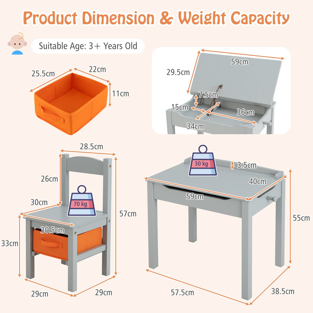 Kids Table and Chair Set with Hidden Space and Hook-Grey