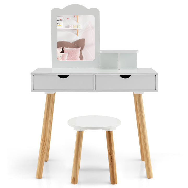 Kids Vanity Table and Stool Set with Square Mirror and Storage Shelf-White