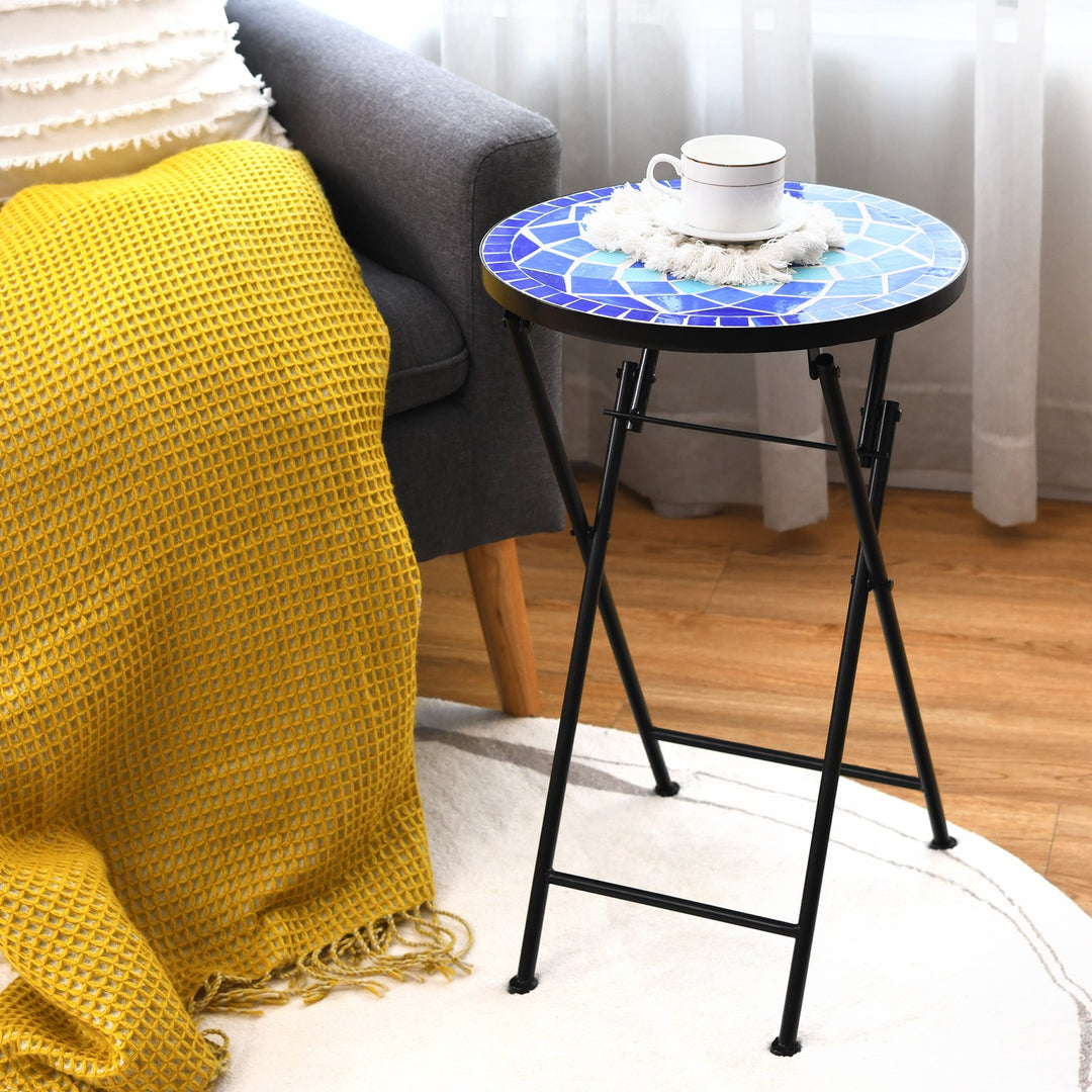 Folding Mosaic Side Table with Non-slip Foot- Mat-Blue Flower
