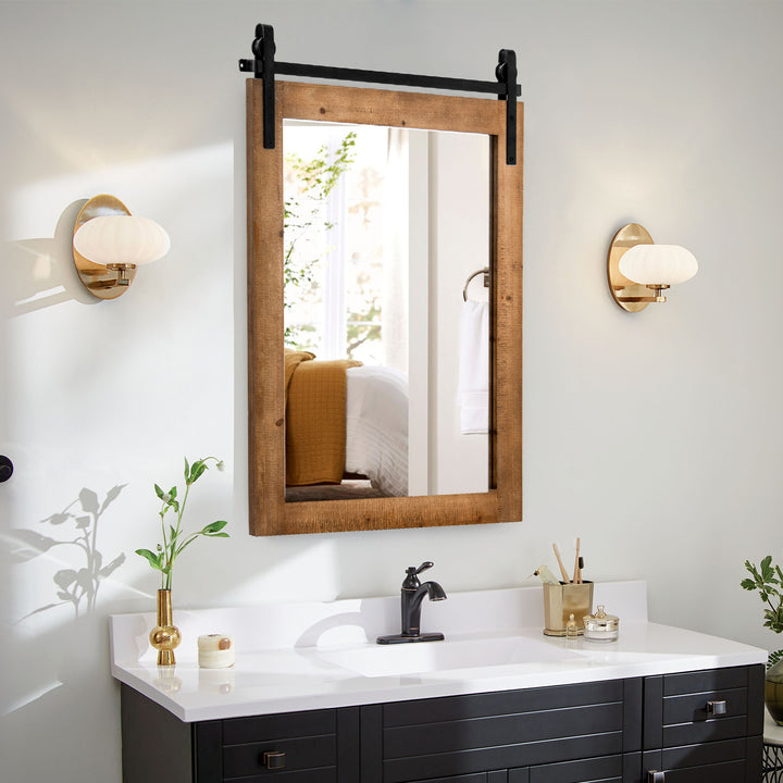 Wall Mounted Mirror with Solid Wood Frame and Metal Bracket-Brown