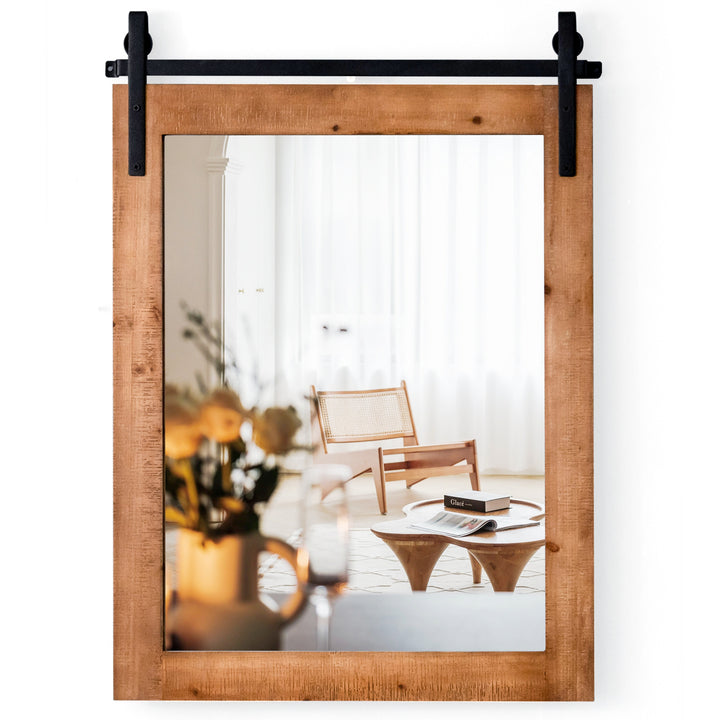 Wall Mounted Mirror with Solid Wood Frame and Metal Bracket-Brown