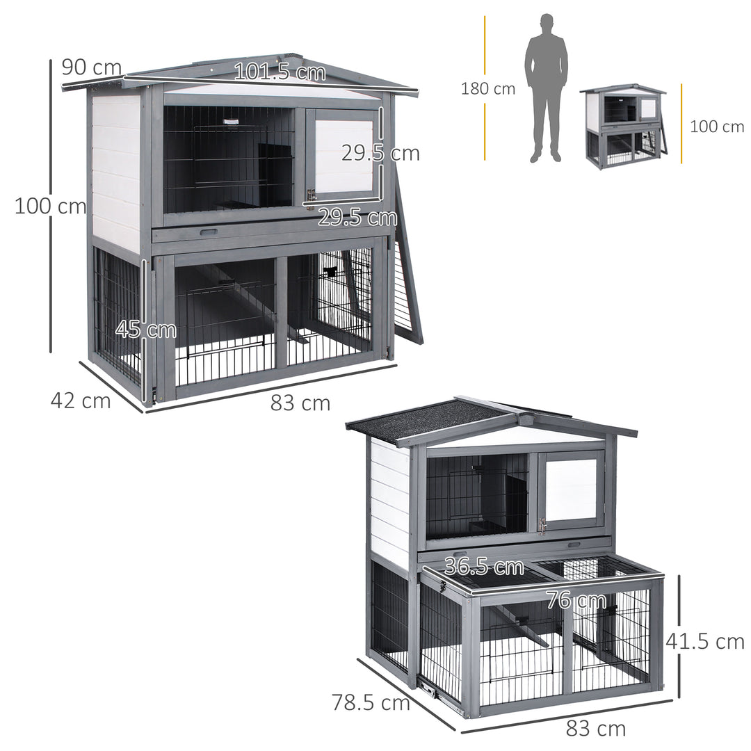 2 Tier Wooden Rabbit Hutch Small Animal Cage Slide Out Tray Ramp Outdoor Run Openable Roof Grey 101.5 x 90 x 100 cm