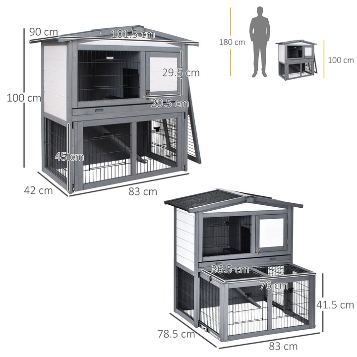 2 Tier Wooden Rabbit Hutch Small Animal Cage Slide Out Tray Ramp Outdoor Run Openable Roof Grey 101.5 x 90 x 100 cm