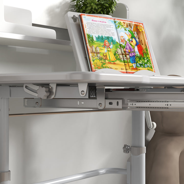 Height Adjustable Kids Study Table and Chair Set, with Drawer, Storage Shelf, Grey