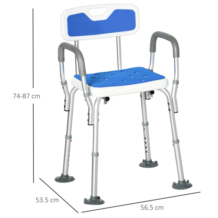 EVA Padded Shower Chair for the Elderly and Disabled, Height Adjustable Shower Stool with Back and Arms, 4 Suction Foot Pads, Blue