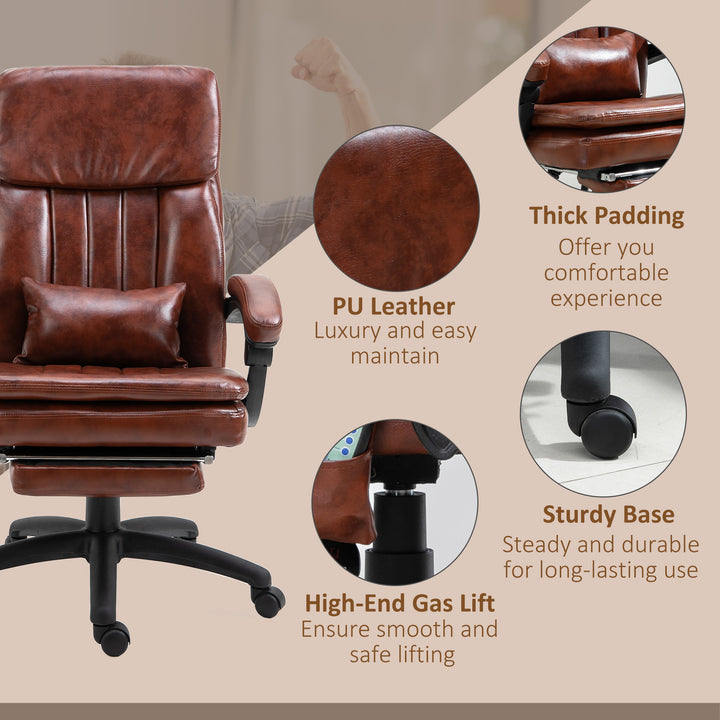 Vinsetto High Back Office Chair, Recliner Chair with Footrest, 7 Massage Points, Adjustable Height, Reclining Back, PU Leather, Brown