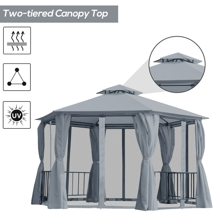 Outsunny Hexagon Gazebo Patio Canopy Party Tent Outdoor Garden Shelter w/ 2 Tier Roof & Side Panel - Grey