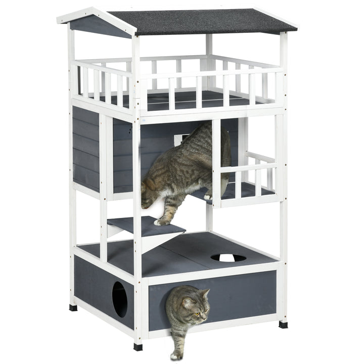 PawHut Cats Fir Wood 3-Tier Waterproof Play House Grey