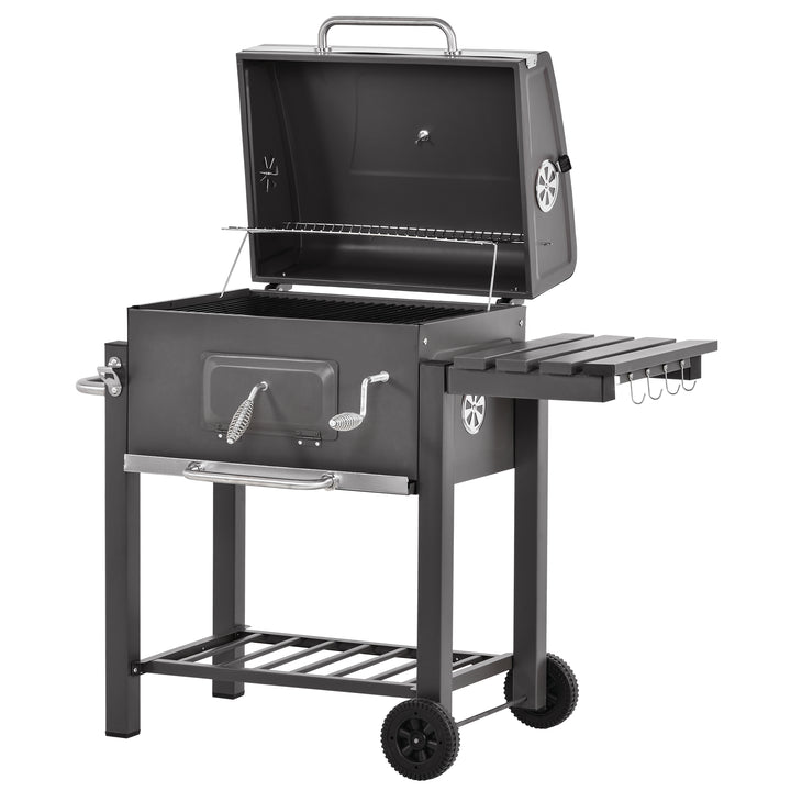 Charcoal Grill BBQ Trolley Backyard Garden Smoker Barbecue w/ Shelf Side Table Wheels Built-in Thermometer