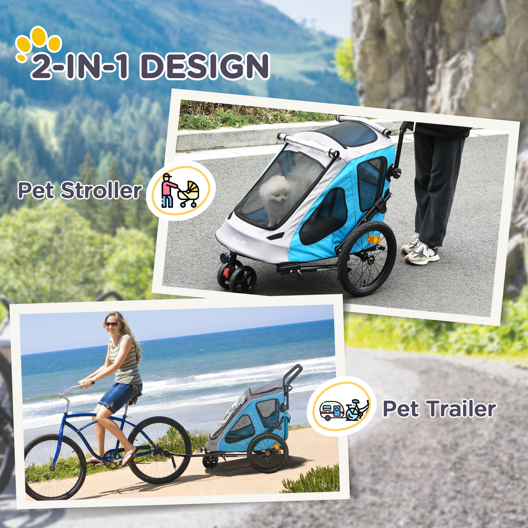 Dog Bike Trailer 2-IN-1 Steel Pet Cart Carrier for Bicycle with 360° Rotatable Front Wheel Reflectors Straps Cup Holder Water Resistant Blue