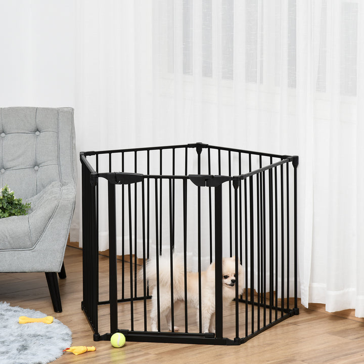 PawHut Stair Gate Dog Pens Pet PlayPen 5-Panel Freestanding Fireplace Christmas Tree Metal Fence Stair Barrier Room Divider with Walk Through Door